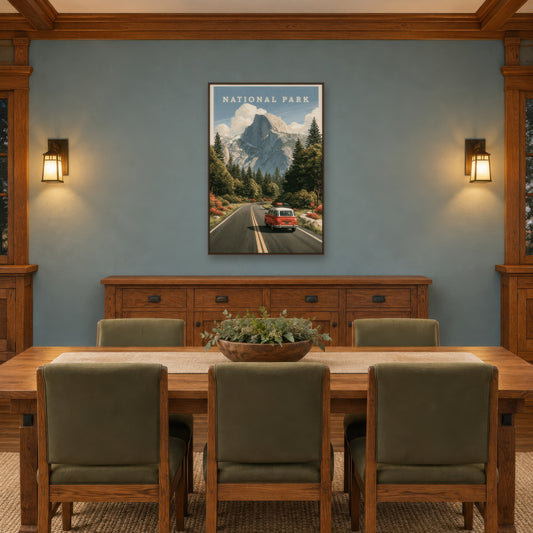Half Dome Vintage Travel Poster national park wall art in a dining room