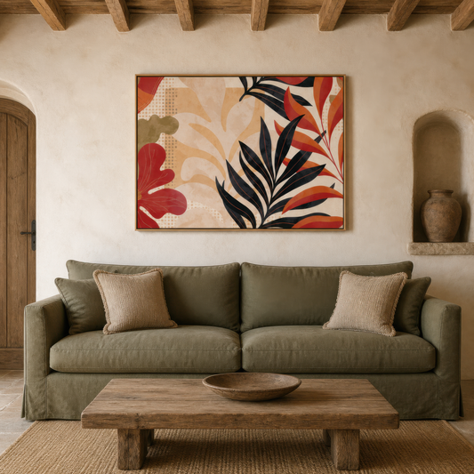 Black and rust leaf artwork above a sage green sofa in a plaster room with arched niches