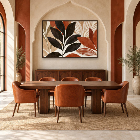 Botanical Study in Charcoal and Rust boho wall art in a dining room