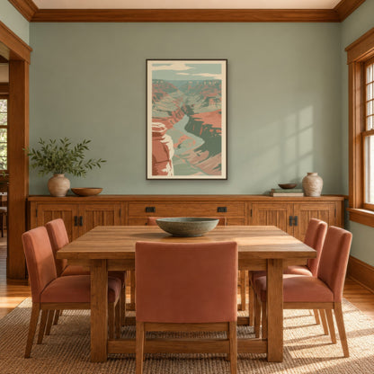 Winding River in a Shadowed Canyon landscape wall art in a dining room