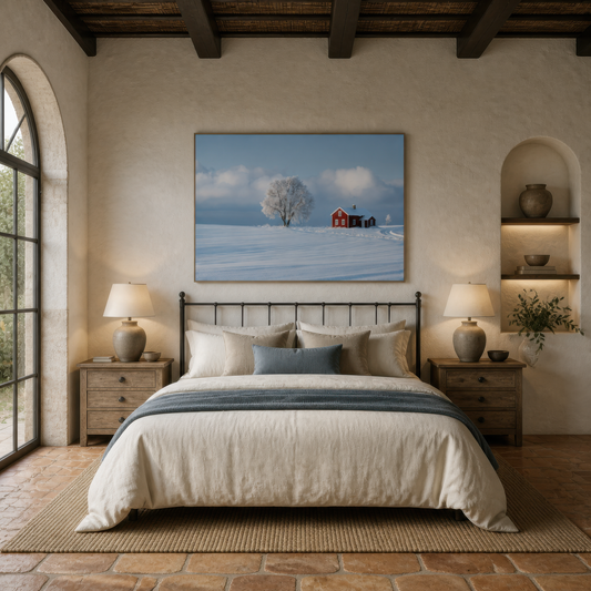 Frosted Tree and Red Cottage wall art print, alternate room view