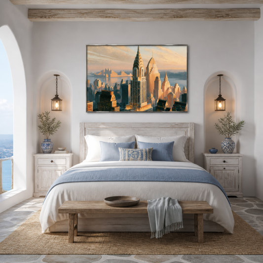 Golden skyline spire above a wooden bed with blue and white bedding on a plaster wall with niches