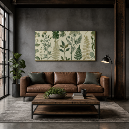 Botanical Fern and Herb Chart wall art print, alternate room view