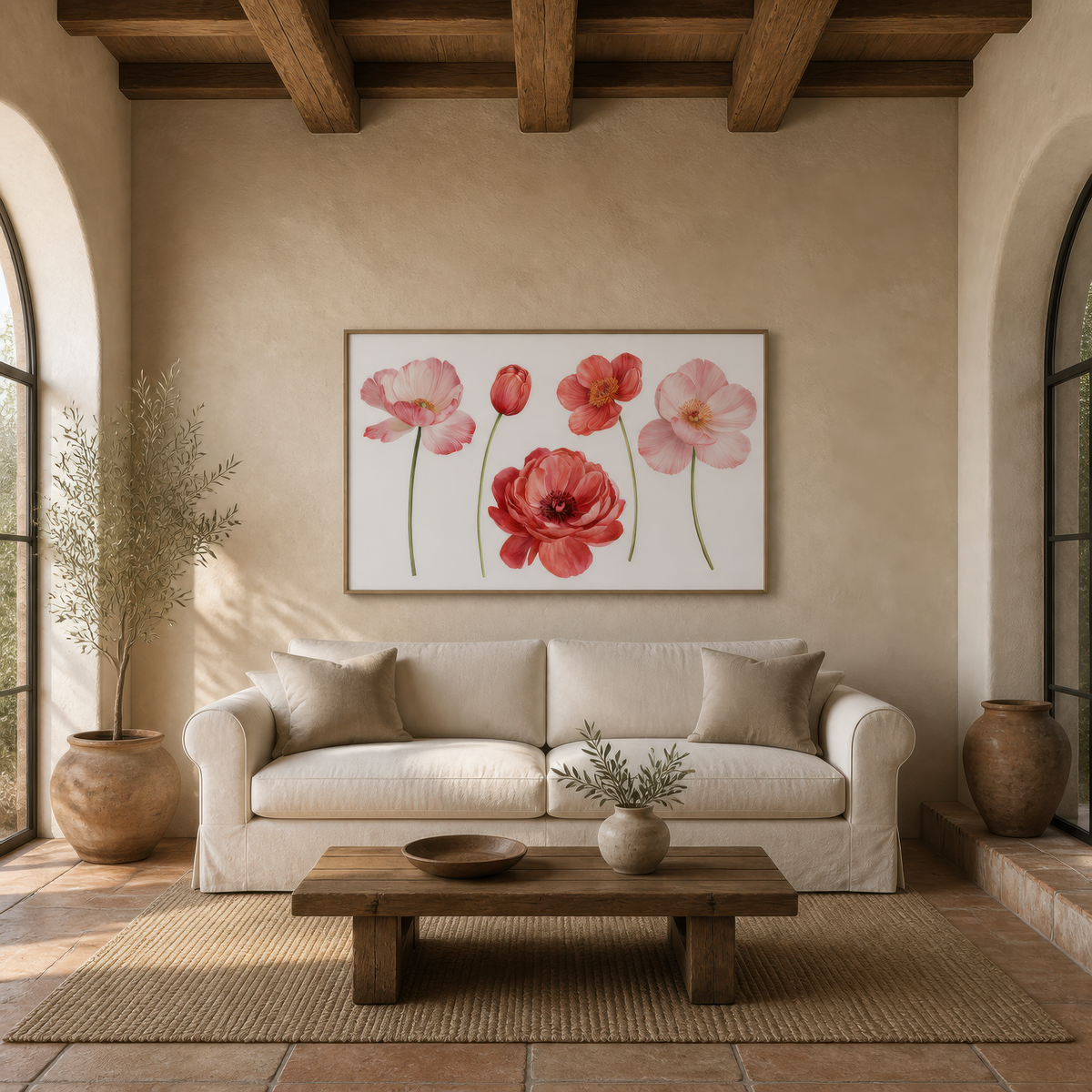 Pink and Red Poppies in a Row wall art print, alternate room view