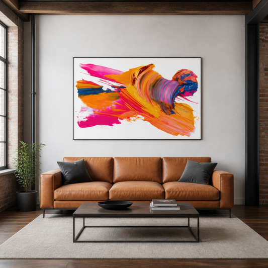 Kaleidoscope pulse above a tan leather sofa with a black framed glass coffee table
