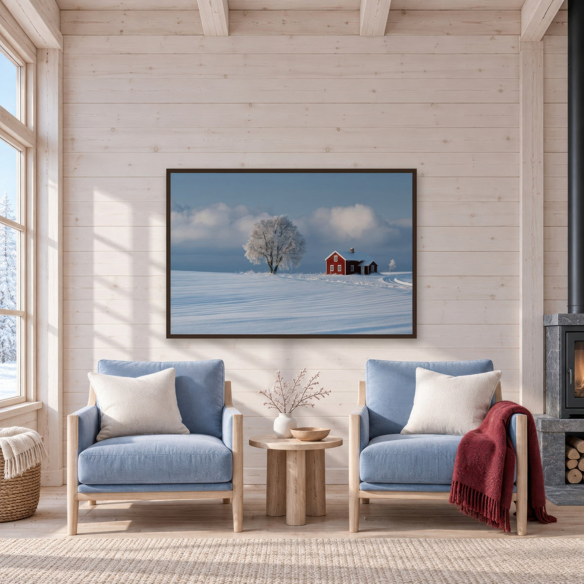 Frosted Tree and Red Cottage scandinavian wall art in a den