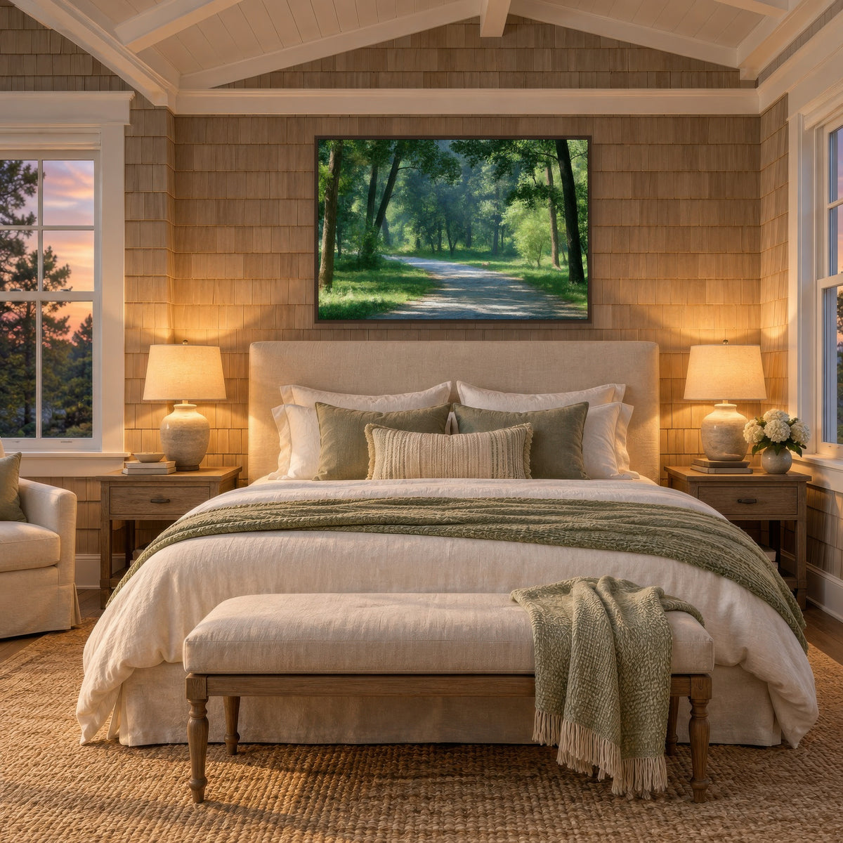 Sunlit Forest Path impressionist wall art in a bedroom