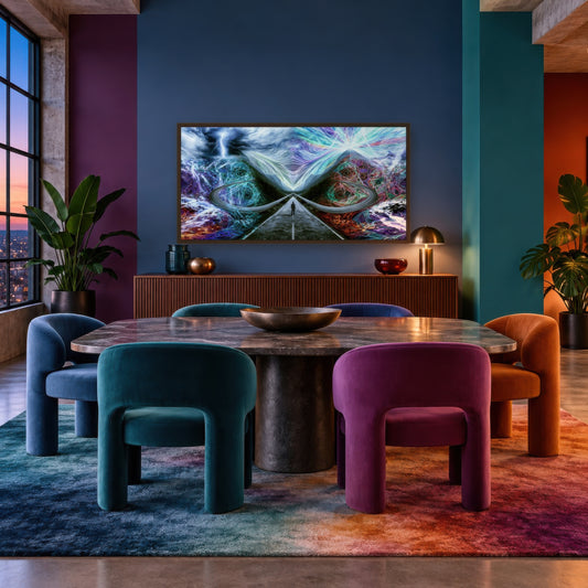 Path of Fire and Storm psychedelic wall art in a dining room