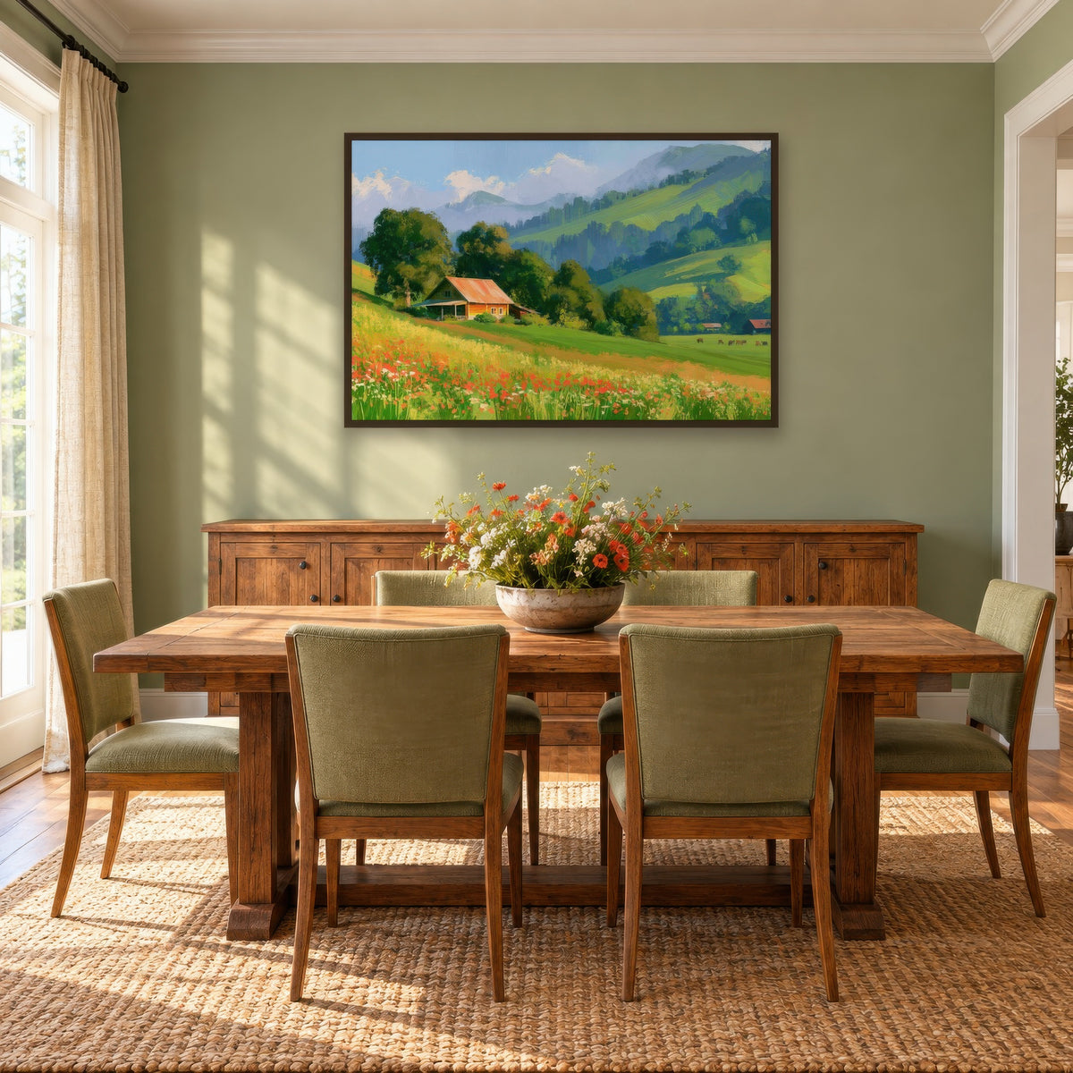 Rolling Hills and Poppies impressionist wall art in a dining room