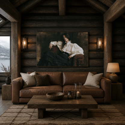 Portrait in repose above a brown leather sofa on a timber cabin wall with a lake window