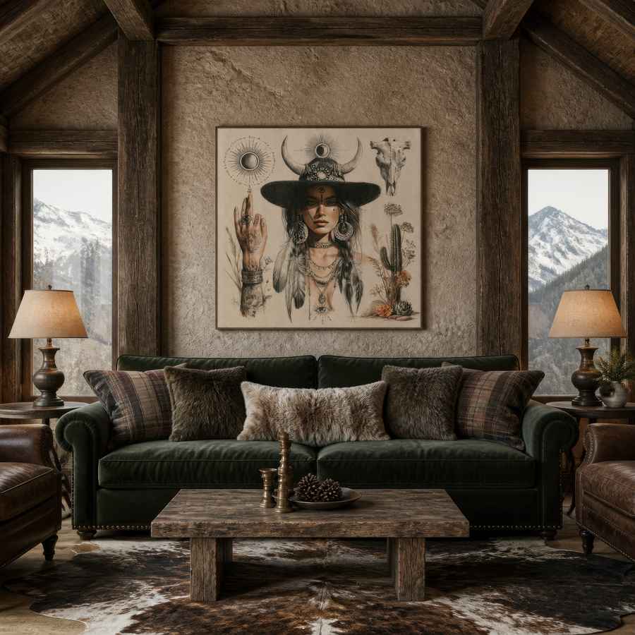 Desert Oracle in a Horned Hat – Boho Wall Art