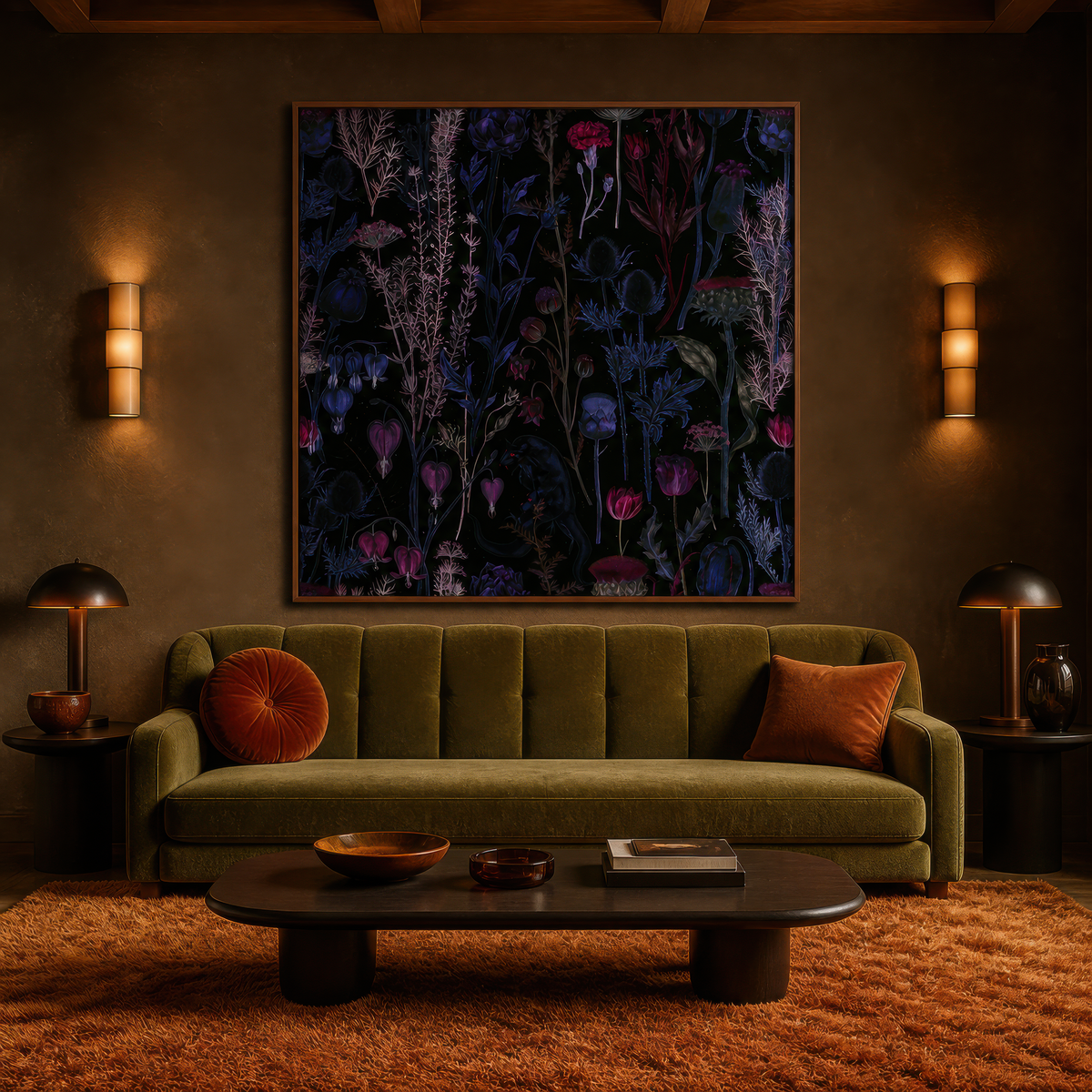 Tall Dark Wildflower Illustration wall art print staged in a room