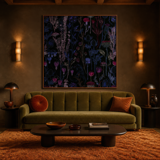Tall Dark Wildflower Illustration wall art print staged in a room