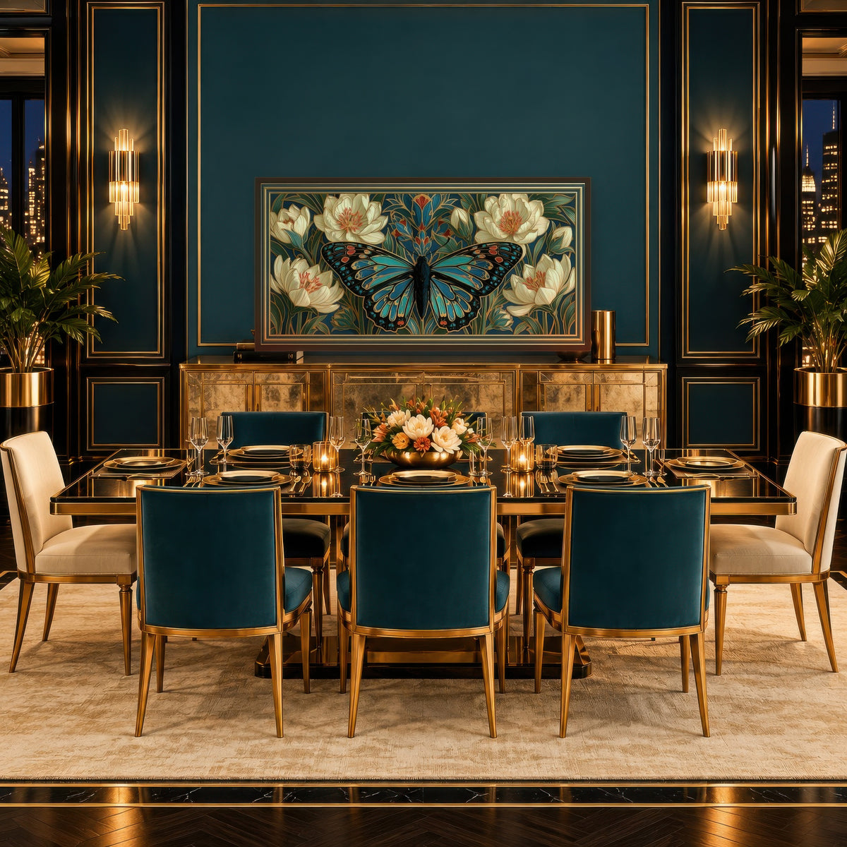 Jade Butterfly Motif art deco wall art in a dining room