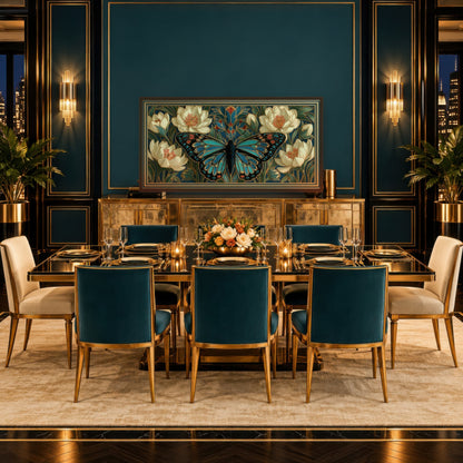 Jade Butterfly Motif art deco wall art in a dining room