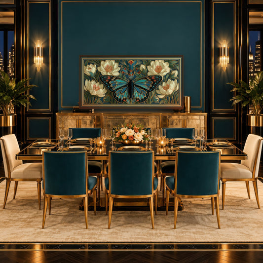 Jade Butterfly Motif art deco wall art in a dining room