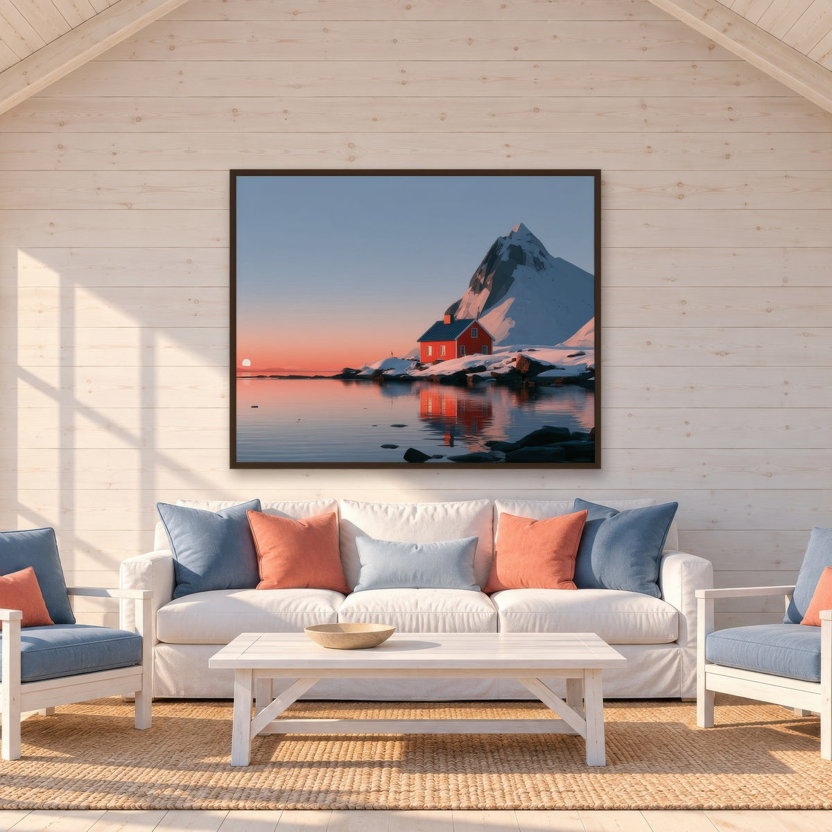 Fjord Cabin at Sunrise scandinavian wall art in a living room