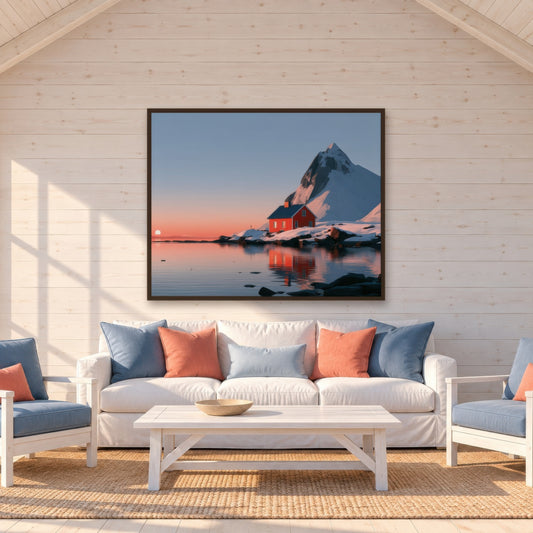 Fjord Cabin at Sunrise scandinavian wall art in a living room