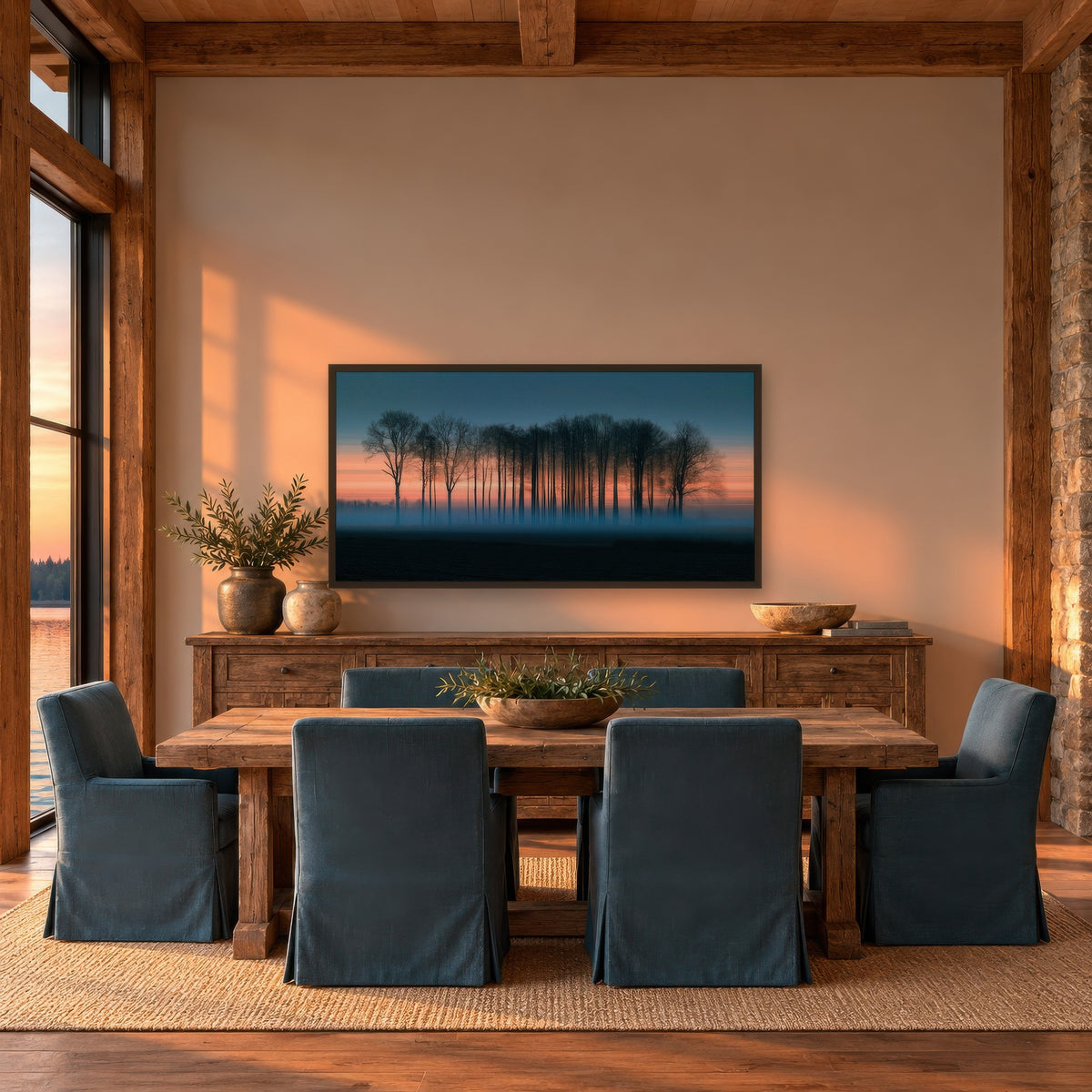 Misty Treeline at Dusk landscape wall art in a dining room