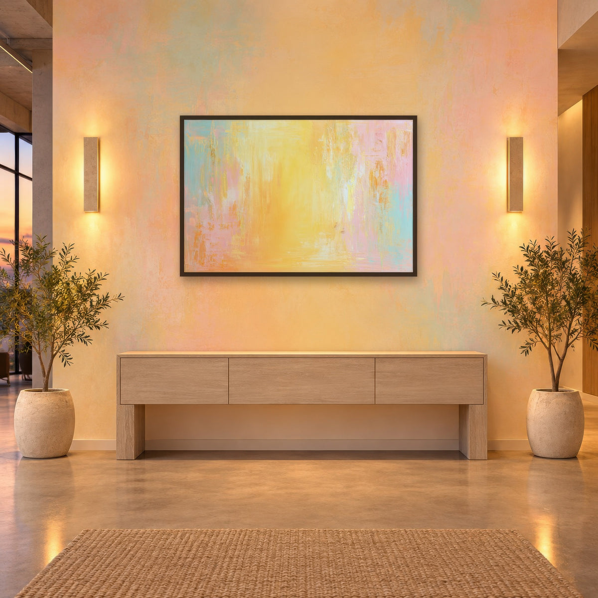 Golden Yellow and Pink Abstract wall art in an entryway