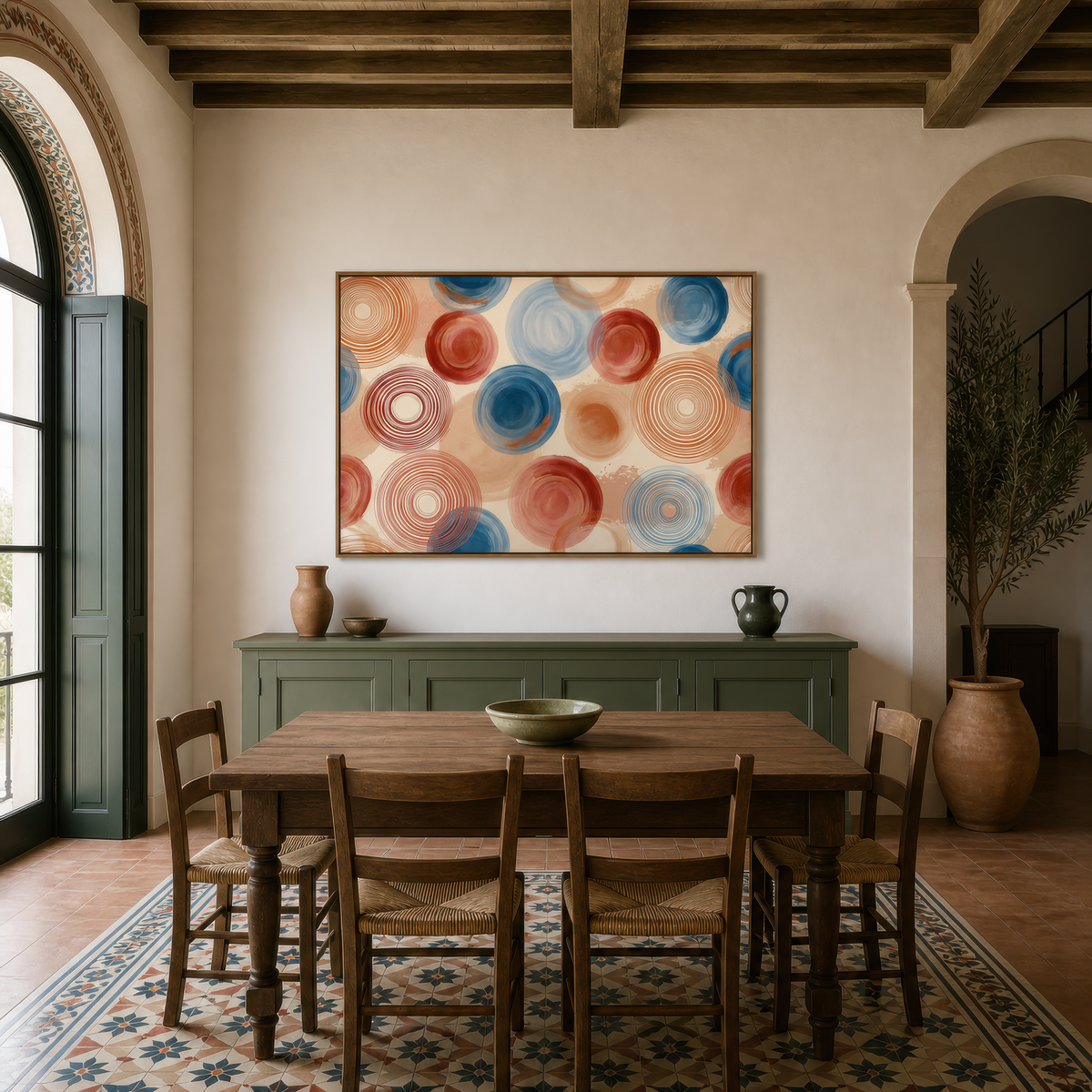 Spiralling circles artwork above a sage sideboard in a dining room with arched doors