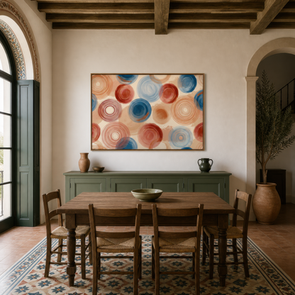Spiralling circles artwork above a sage sideboard in a dining room with arched doors