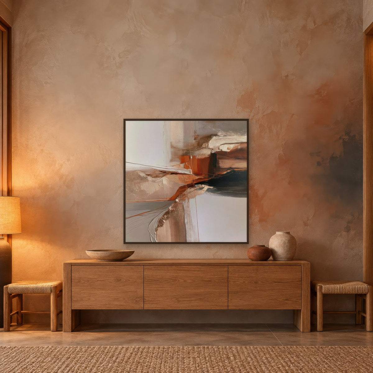 Diagonal Ridge in Rust and Slate earthy abstract wall art in an entryway