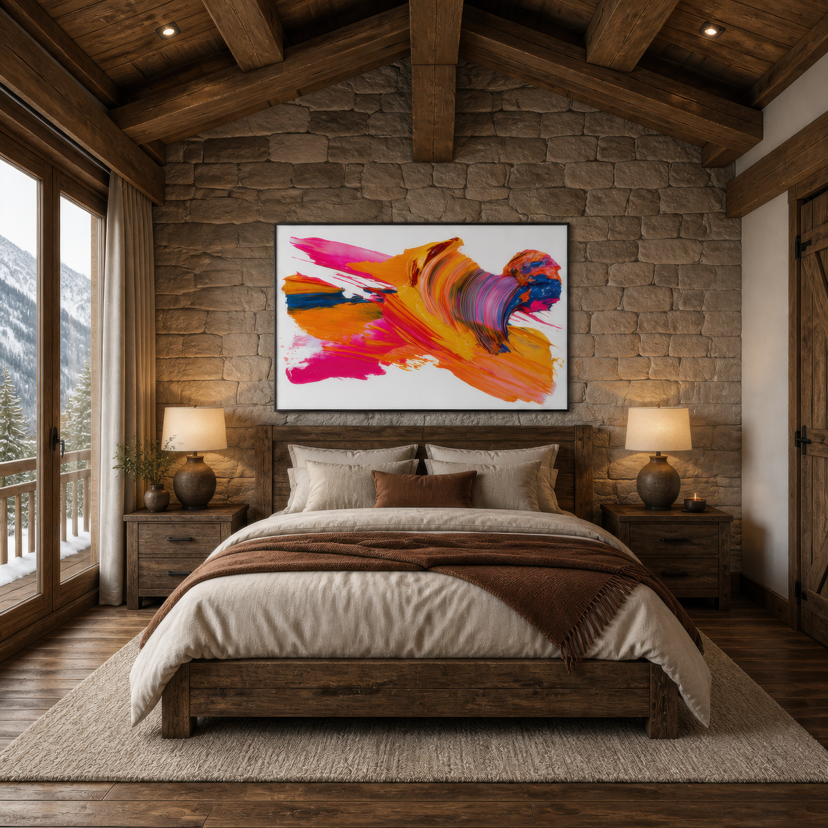 Kaleidoscope pulse above a wooden bed with cream bedding on a stone wall with beams