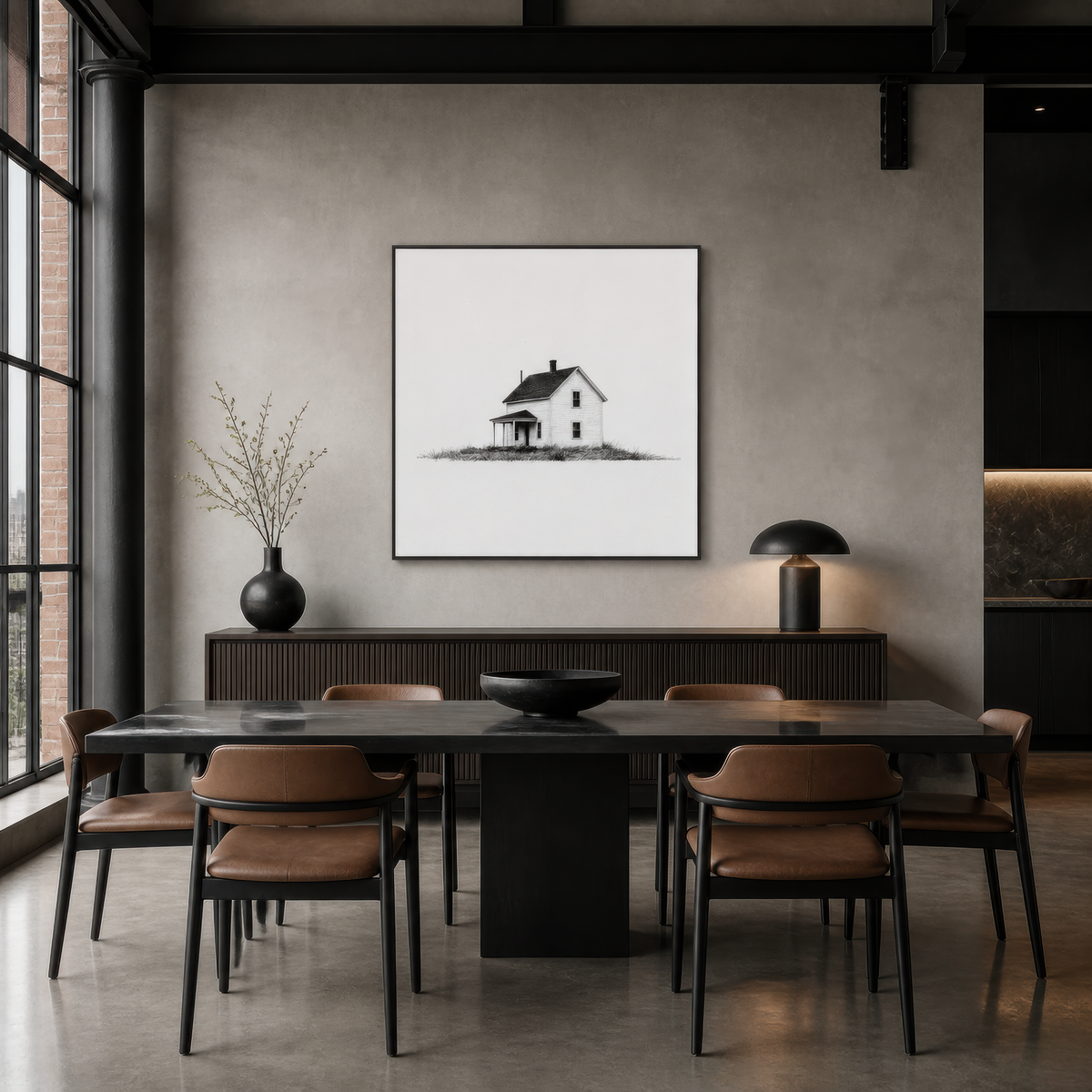 Two-story farmhouse with a corner porch above a black dining table with tan leather chairs