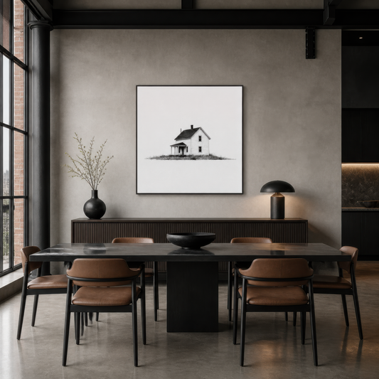 Two-story farmhouse with a corner porch above a black dining table with tan leather chairs