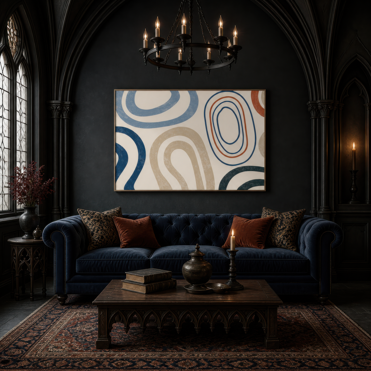 Geometric loops abstract above a navy tufted chesterfield in a dark arched room