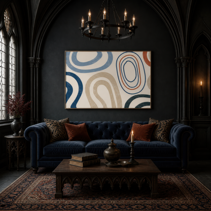 Geometric loops abstract above a navy tufted chesterfield in a dark arched room
