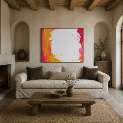 Candy current above a cream sofa on a plaster wall with arched niches and wood beams