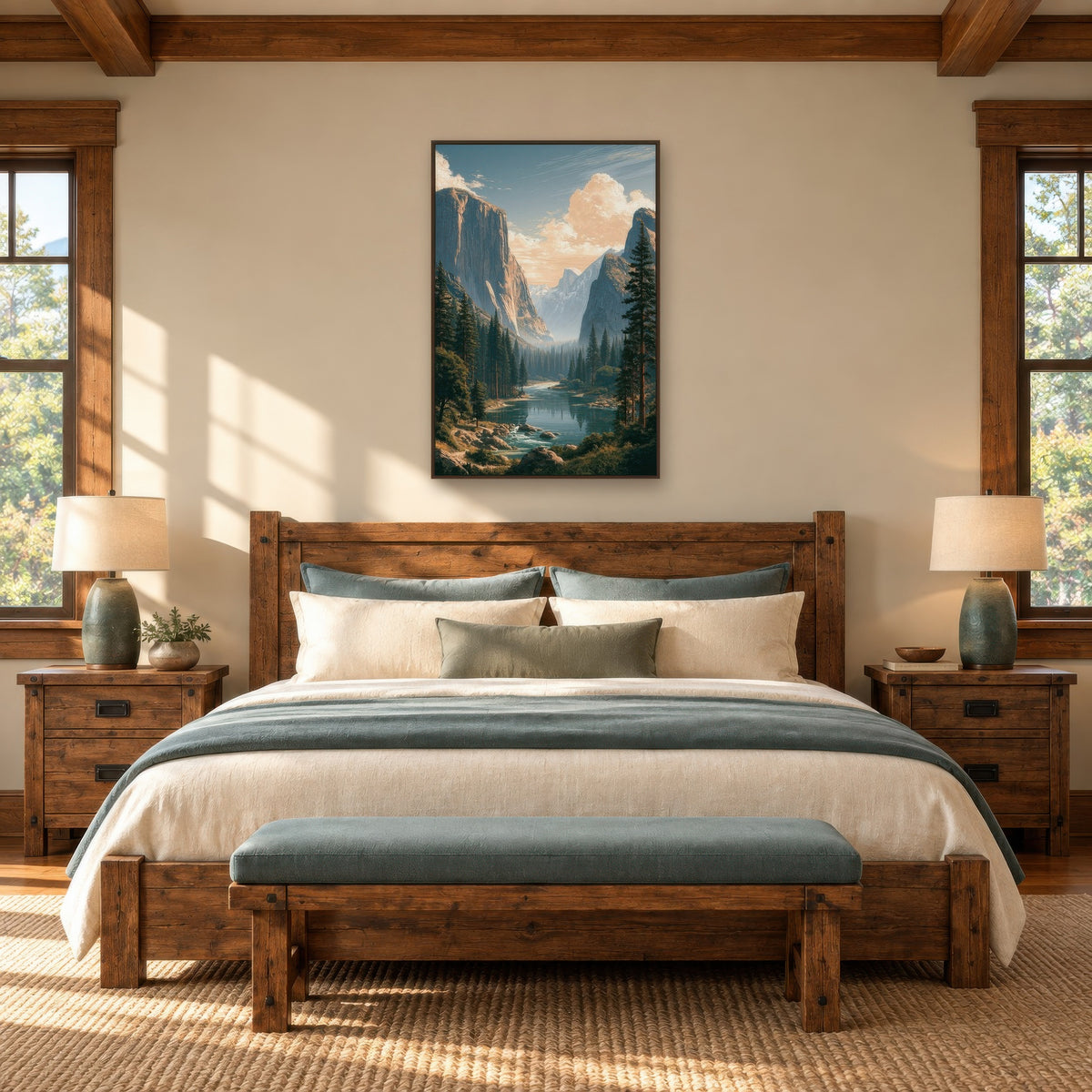 Yosemite Valley River national park wall art in a bedroom