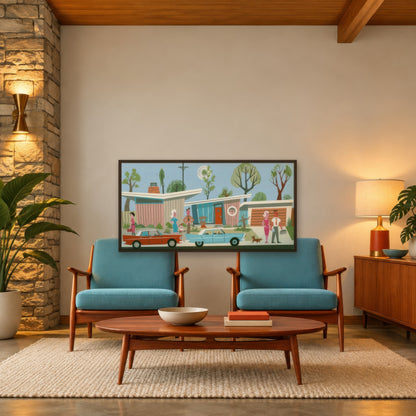 Retro Suburban Neighborhood Illustration mid-century modern wall art in a den
