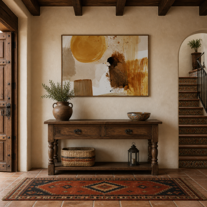 Golden sun abstract above a wood console in an entryway with a red kilim rug and lantern