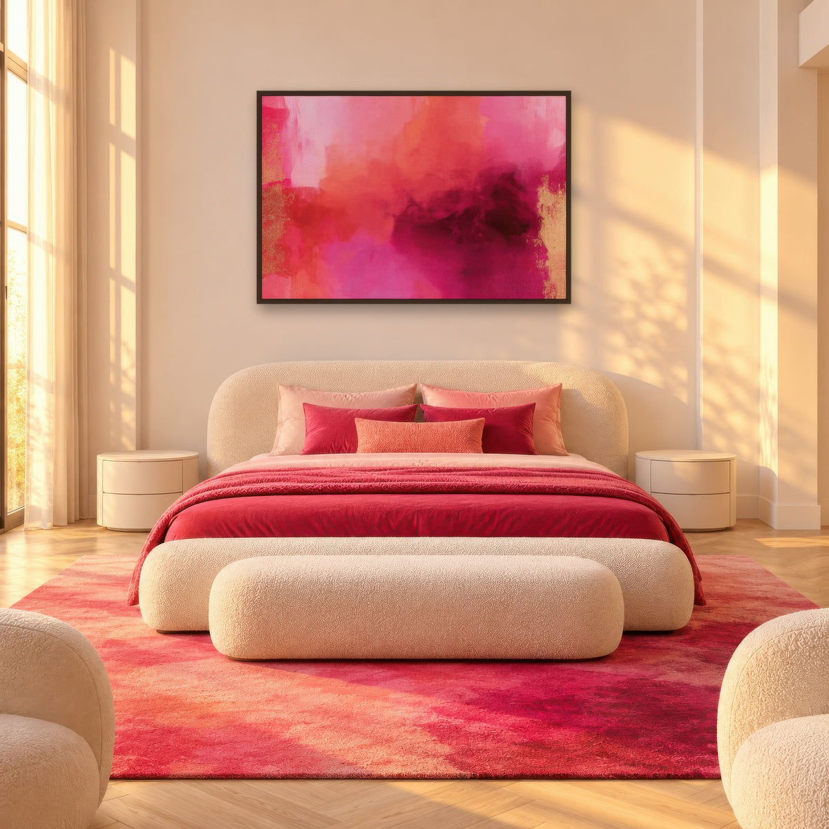 Magenta and Burgundy Cloud Abstract wall art in a bedroom
