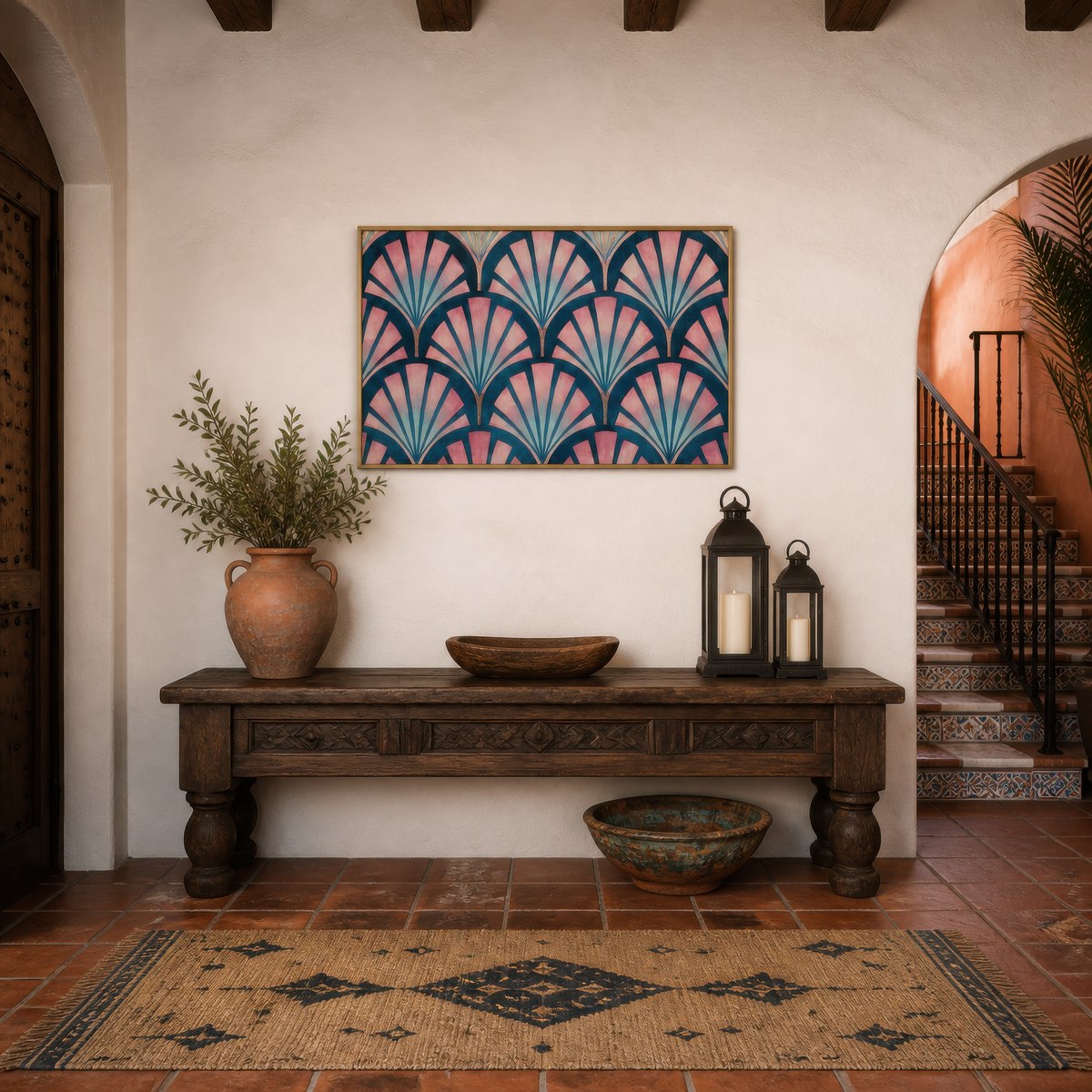 Rose deco fan pattern above a carved wood console with a jug and lantern on terracotta tile
