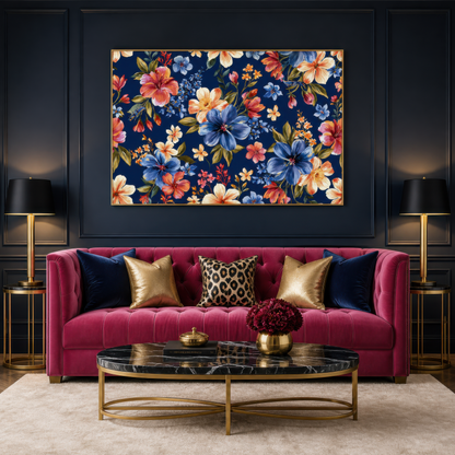Bold Floral Pattern on Navy wall art print staged in a room