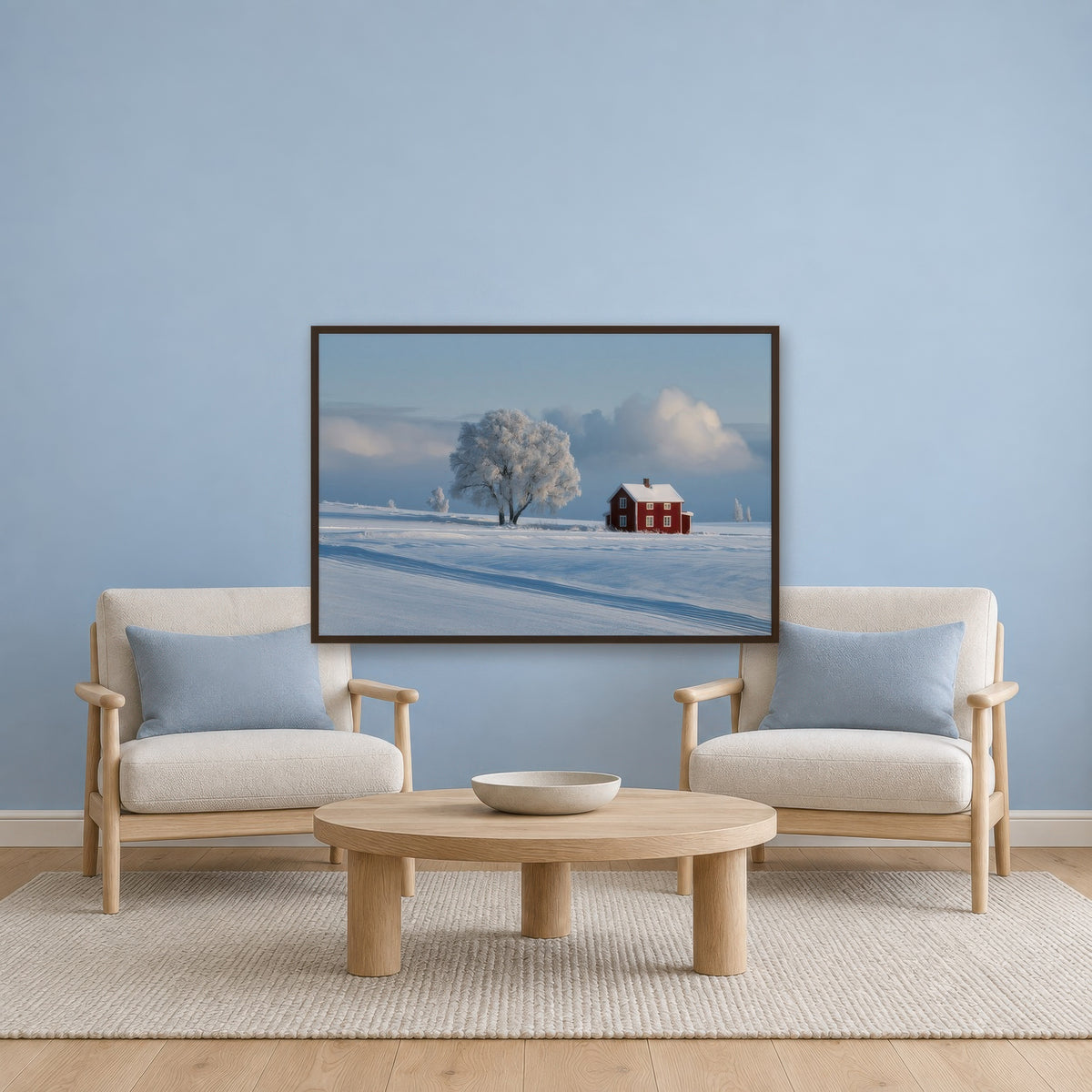 Winter Farmstead in Snow scandinavian wall art in a den