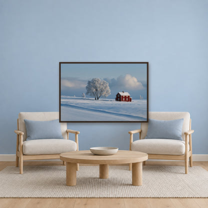 Winter Farmstead in Snow scandinavian wall art in a den