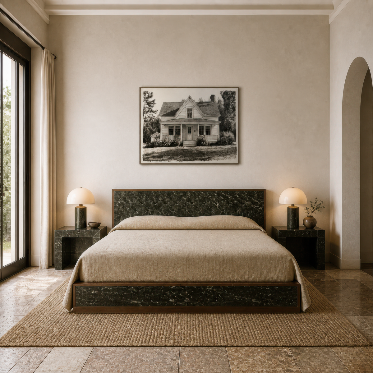 Charcoal farmhouse sketch above a low bed with olive bedding and black globe lamps