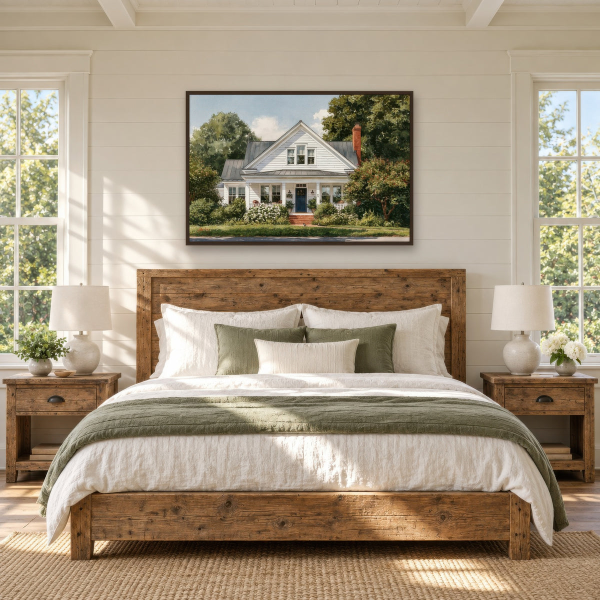 Sunny White Farmhouse wall art in a bedroom