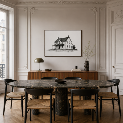 Farmhouse ink sketch above a black marble dining table with rush seat chairs