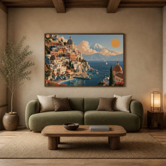 Cliffside Village Above a Blue Harbor wall art print staged in a room
