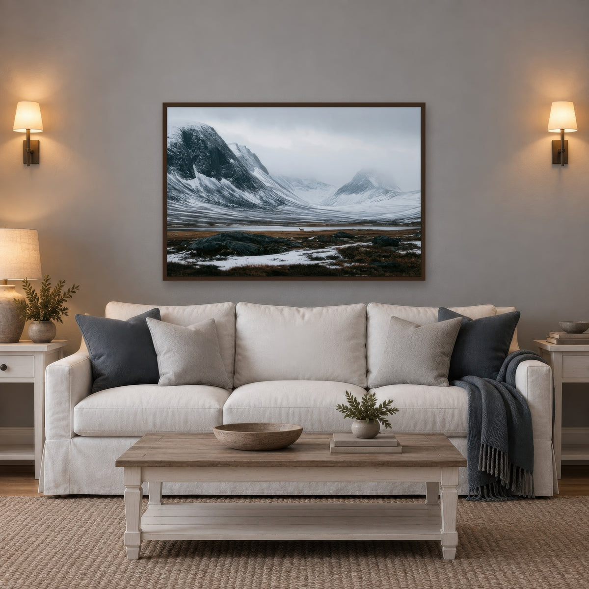 Snowy Mountain Valley with a Lone Deer scandinavian wall art in a living room