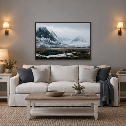 Snowy Mountain Valley with a Lone Deer scandinavian wall art in a living room