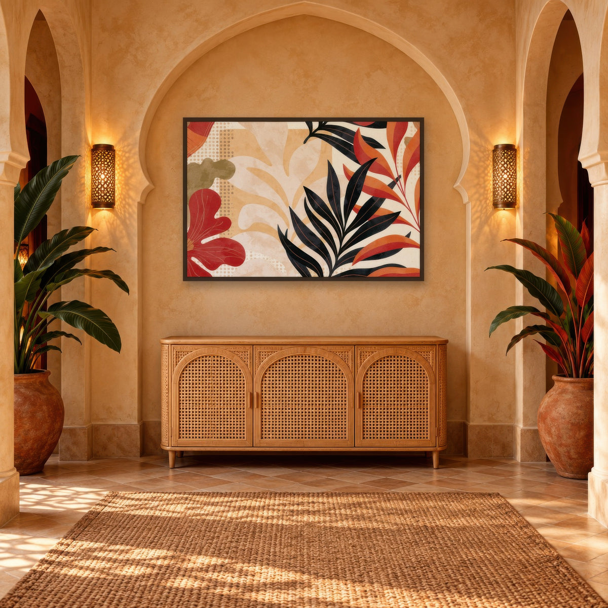 Black and Rust Leaves on Cream boho wall art in an entryway
