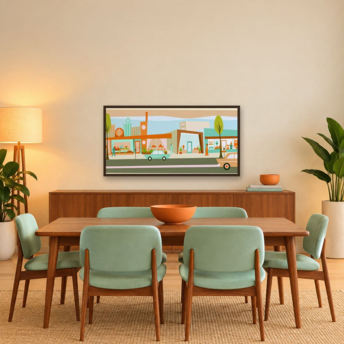 Retro Storefronts with Tall Sign Pylons mid-century modern wall art in a dining room