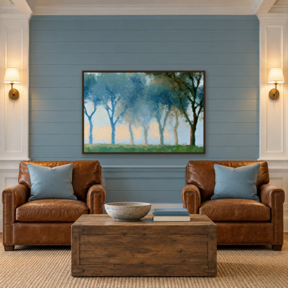 Blue Tree Row impressionist wall art in a den